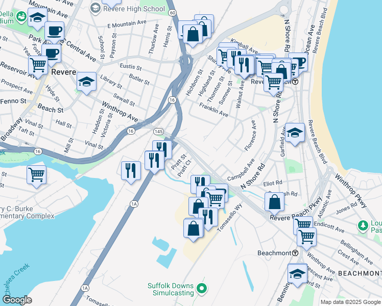 map of restaurants, bars, coffee shops, grocery stores, and more near 425 Revere Beach Parkway in Revere