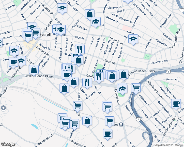 map of restaurants, bars, coffee shops, grocery stores, and more near 9 Irving Street in Everett