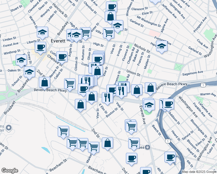 map of restaurants, bars, coffee shops, grocery stores, and more near 9 Irving Street in Everett