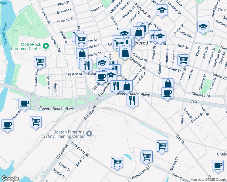 map of restaurants, bars, coffee shops, grocery stores, and more near 13 Gladstone Street in Everett
