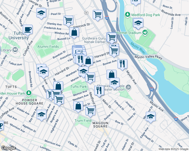 map of restaurants, bars, coffee shops, grocery stores, and more near 21 Mayberry Avenue in Medford
