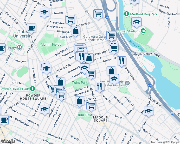 map of restaurants, bars, coffee shops, grocery stores, and more near 21 Mayberry Avenue in Medford