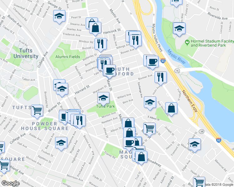 map of restaurants, bars, coffee shops, grocery stores, and more near 21 Mayberry Avenue in Medford