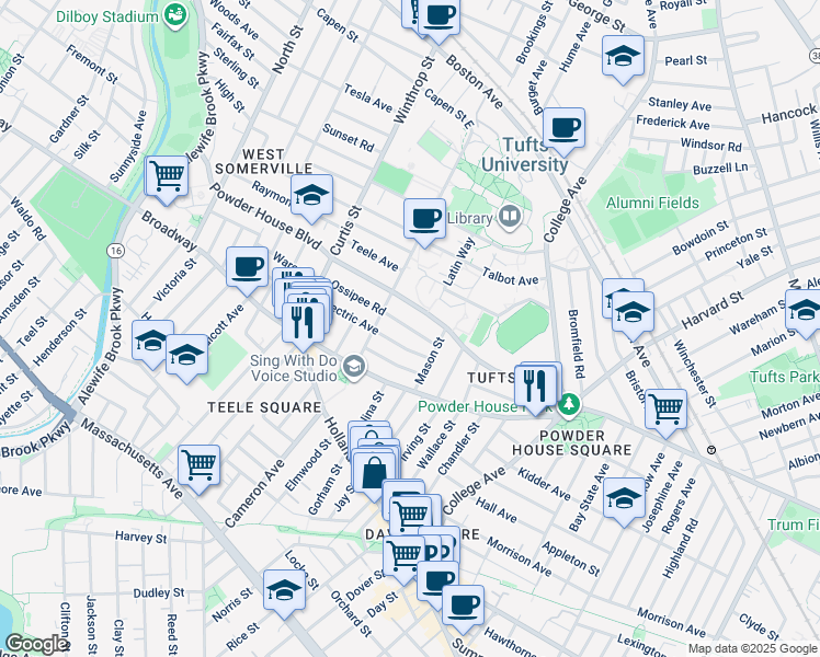 map of restaurants, bars, coffee shops, grocery stores, and more near 23 Ossipee Road in Somerville