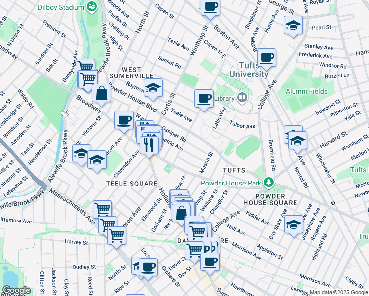 map of restaurants, bars, coffee shops, grocery stores, and more near 35 Packard Avenue in Somerville