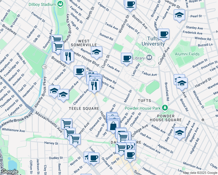 map of restaurants, bars, coffee shops, grocery stores, and more near 22 Lovell Street in Somerville