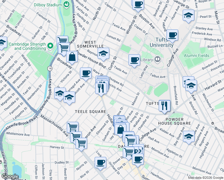 map of restaurants, bars, coffee shops, grocery stores, and more near 22 Lovell Street in Somerville