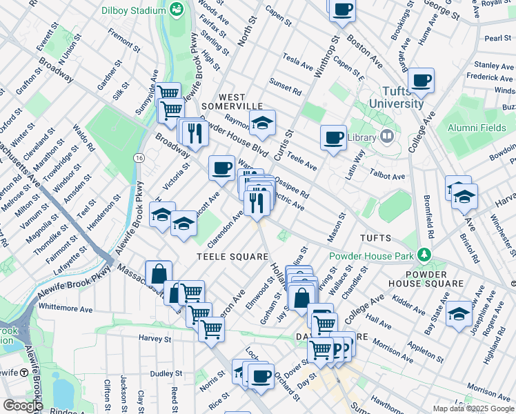 map of restaurants, bars, coffee shops, grocery stores, and more near 5 Curtis Street in Somerville