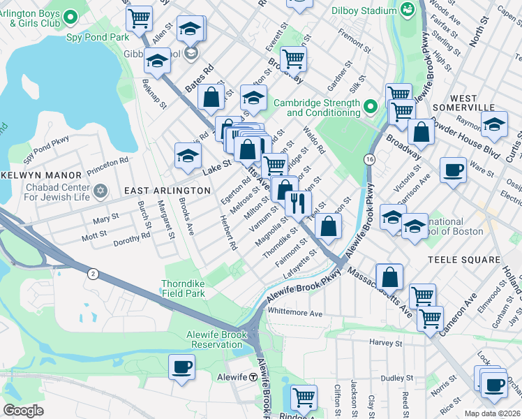 map of restaurants, bars, coffee shops, grocery stores, and more near 15 Varnum Street in Arlington