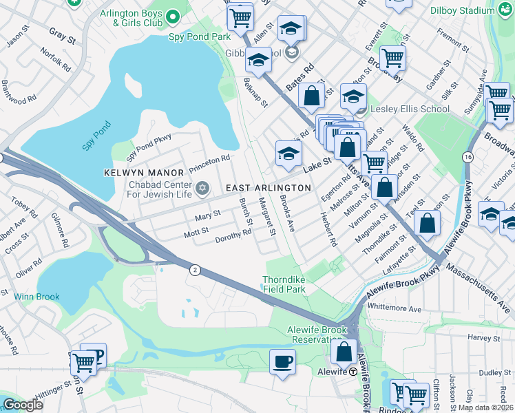 map of restaurants, bars, coffee shops, grocery stores, and more near 14 Mary Street in Arlington
