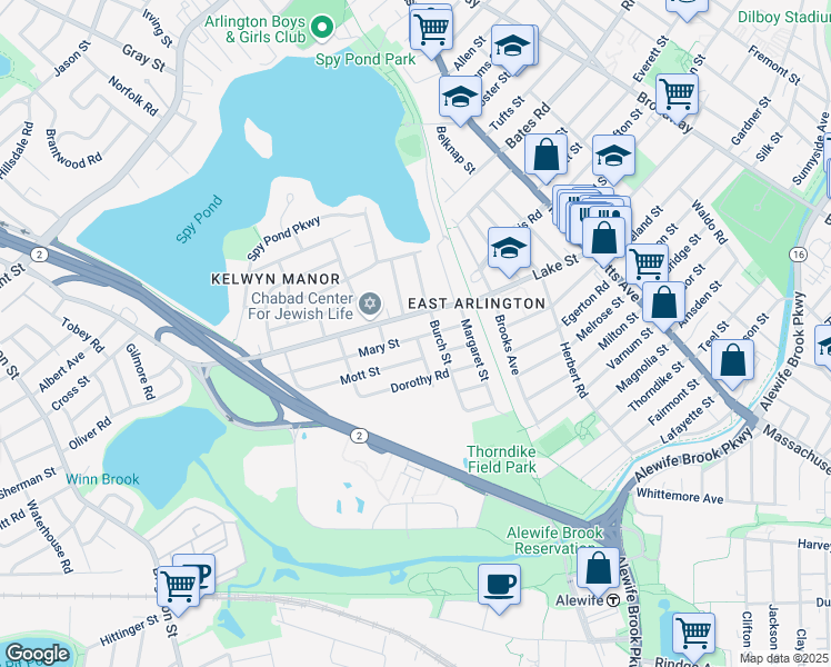 map of restaurants, bars, coffee shops, grocery stores, and more near 45-47 Mary Street in Arlington