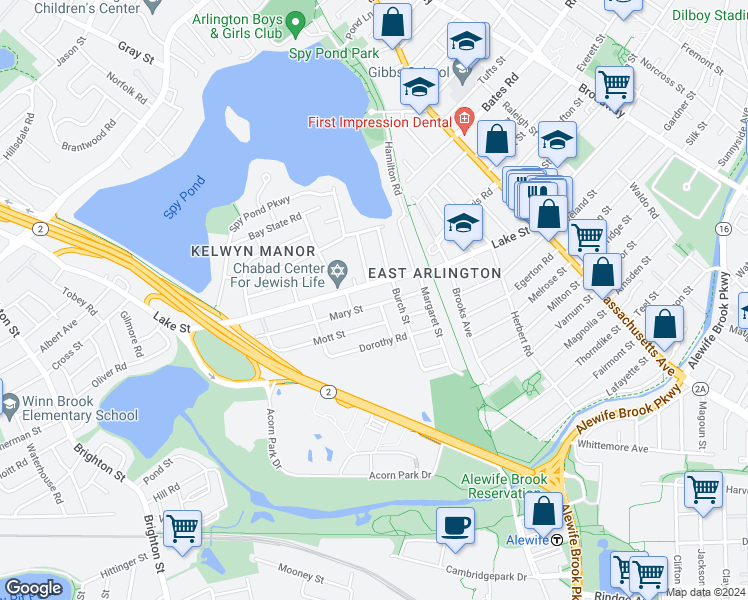 map of restaurants, bars, coffee shops, grocery stores, and more near 45-47 Mary Street in Arlington