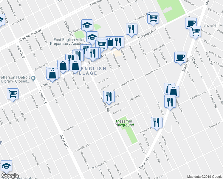 map of restaurants, bars, coffee shops, grocery stores, and more near 17189 Munich Street in Detroit