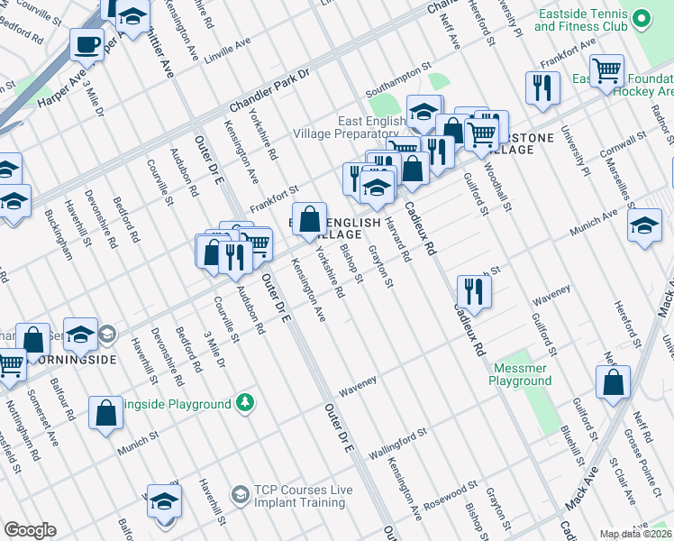 map of restaurants, bars, coffee shops, grocery stores, and more near 4843 Yorkshire Road in Detroit