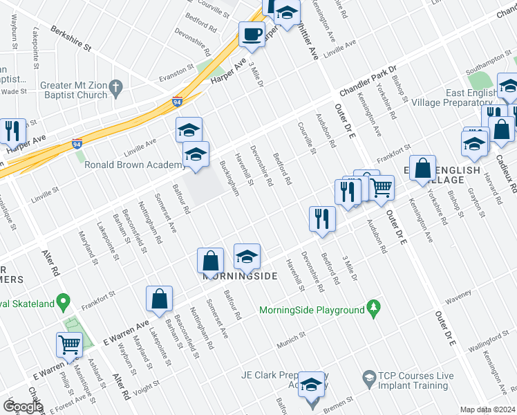 map of restaurants, bars, coffee shops, grocery stores, and more near 5226 Haverhill Street in Detroit