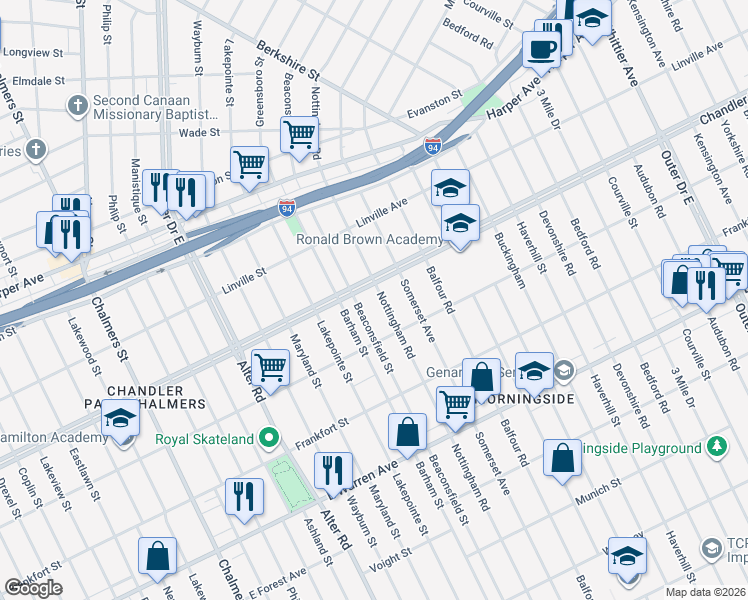 map of restaurants, bars, coffee shops, grocery stores, and more near 5574 Nottingham Road in Detroit