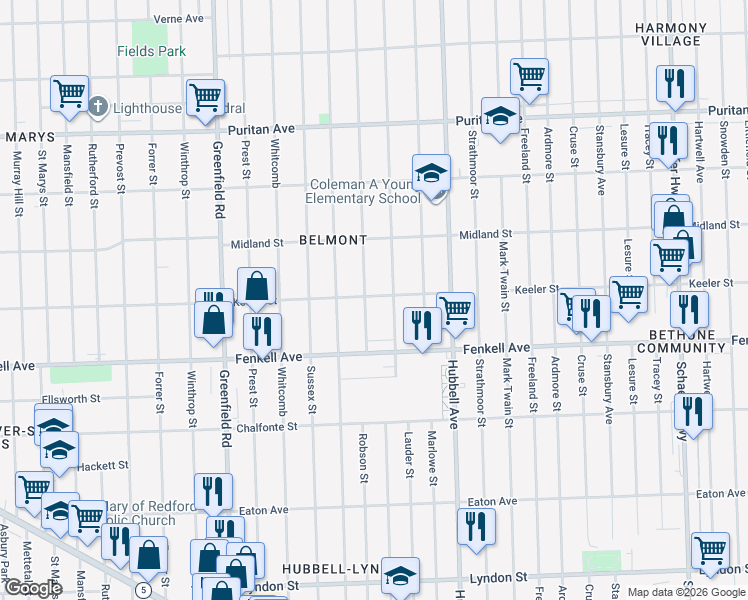 map of restaurants, bars, coffee shops, grocery stores, and more near 15377 Robson Street in Detroit
