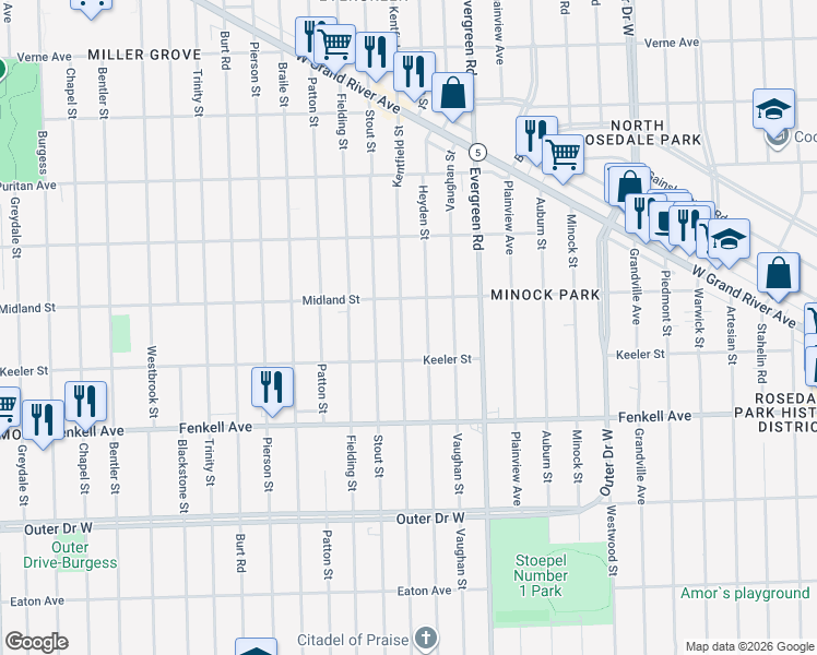 map of restaurants, bars, coffee shops, grocery stores, and more near 15469 Kentfield Street in Detroit