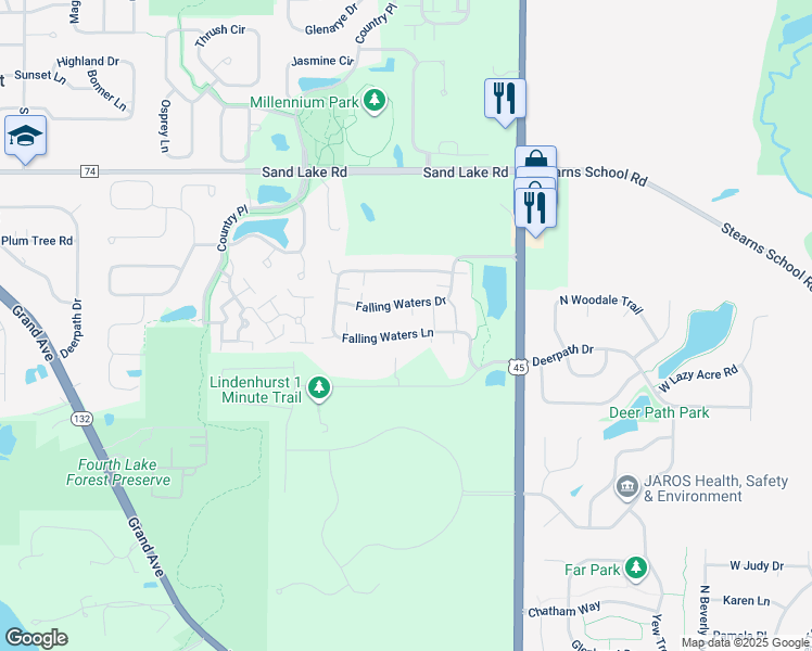 map of restaurants, bars, coffee shops, grocery stores, and more near 3149 Falling Waters Lane in Lindenhurst