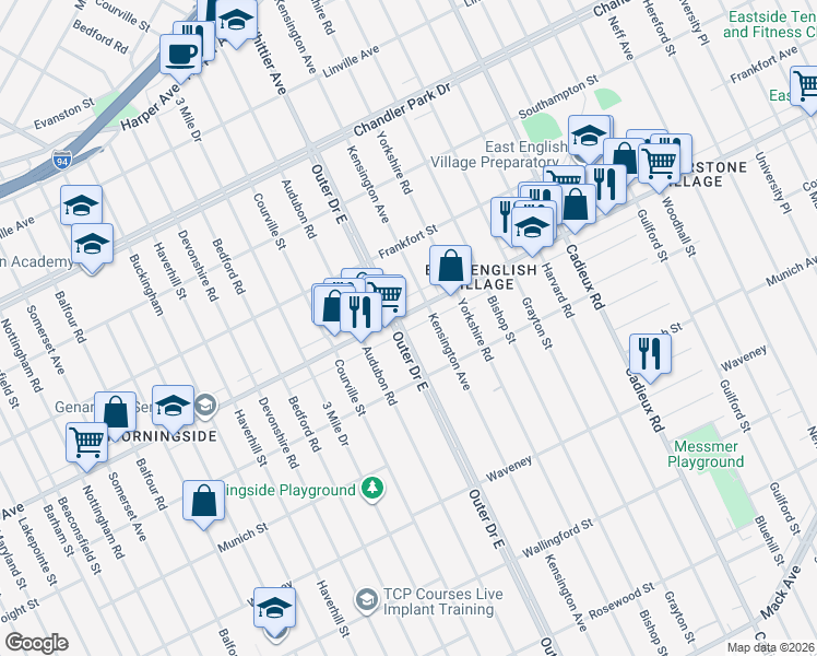 map of restaurants, bars, coffee shops, grocery stores, and more near in Detroit