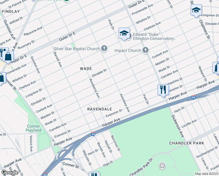map of restaurants, bars, coffee shops, grocery stores, and more near 12302 Maiden Street in Detroit