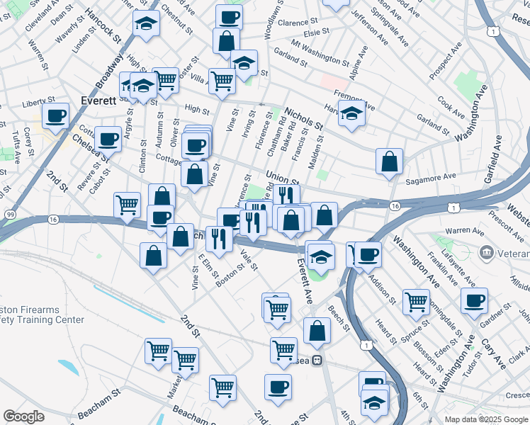 map of restaurants, bars, coffee shops, grocery stores, and more near in Everett