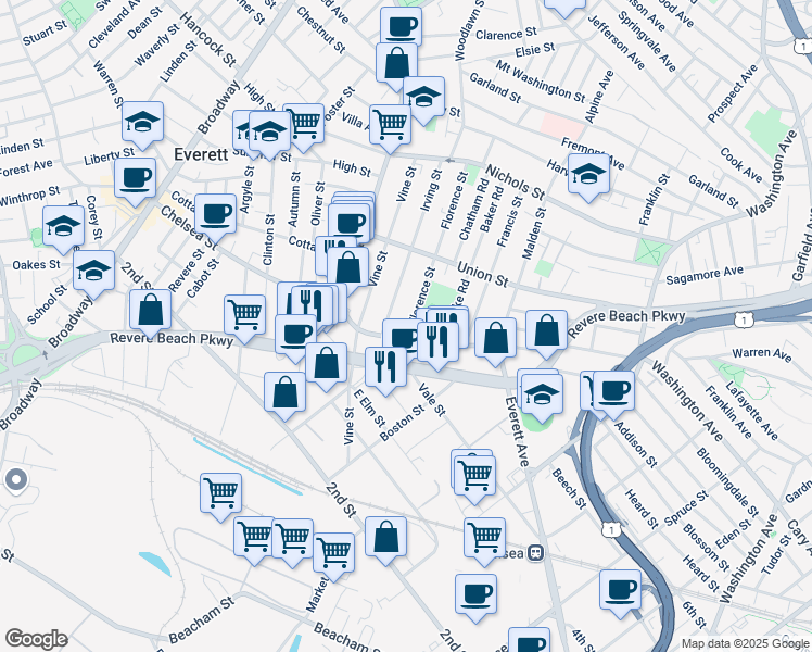 map of restaurants, bars, coffee shops, grocery stores, and more near 9 Irving Street in Everett