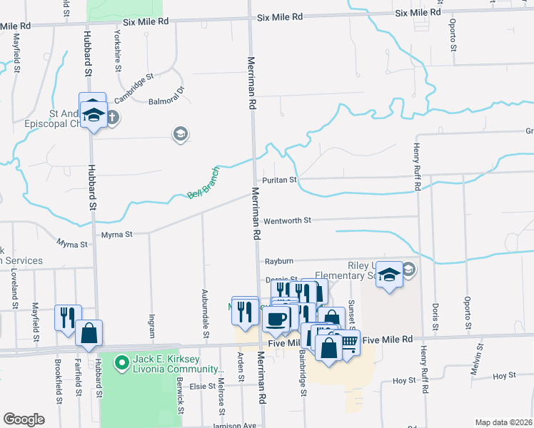 map of restaurants, bars, coffee shops, grocery stores, and more near 31350 Wentworth Street in Livonia