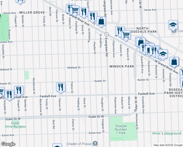 map of restaurants, bars, coffee shops, grocery stores, and more near 15469 Kentfield Street in Detroit