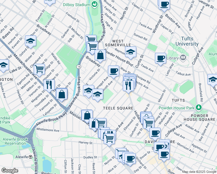 map of restaurants, bars, coffee shops, grocery stores, and more near 24 Endicott Avenue in Somerville