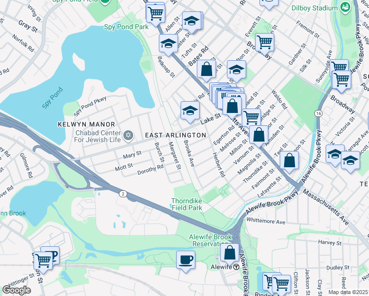 map of restaurants, bars, coffee shops, grocery stores, and more near 24-26 Margaret Street in Arlington