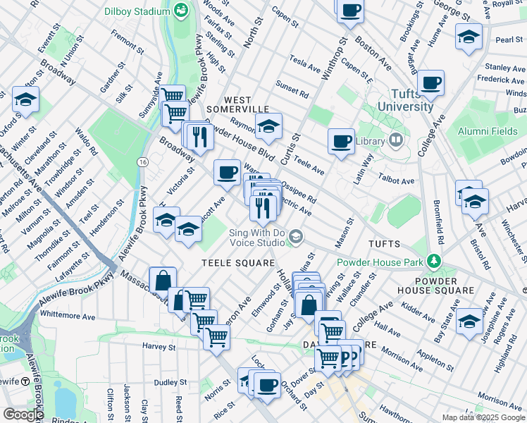 map of restaurants, bars, coffee shops, grocery stores, and more near 5 Curtis Street in Somerville