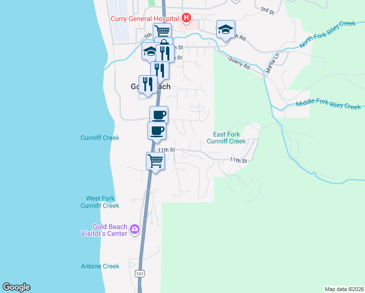map of restaurants, bars, coffee shops, grocery stores, and more near 94193 11th Street in Gold Beach