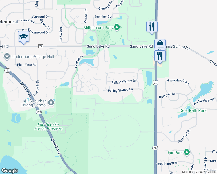 map of restaurants, bars, coffee shops, grocery stores, and more near 3067 Falling Waters Lane in Lindenhurst