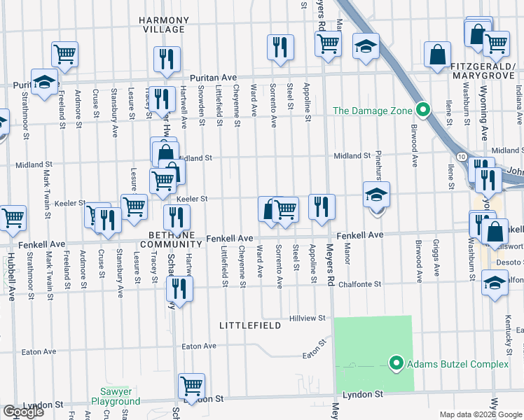 map of restaurants, bars, coffee shops, grocery stores, and more near 15358 Ward Avenue in Detroit