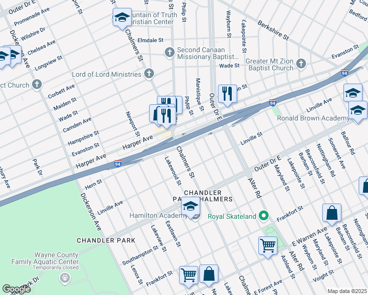 map of restaurants, bars, coffee shops, grocery stores, and more near 5994 Chalmers Street in Detroit