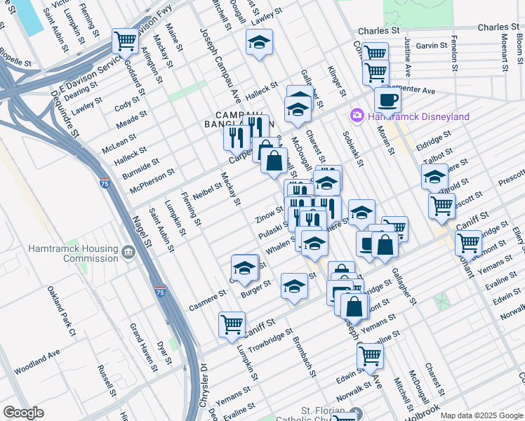 map of restaurants, bars, coffee shops, grocery stores, and more near 2655 Zinow Street in Hamtramck