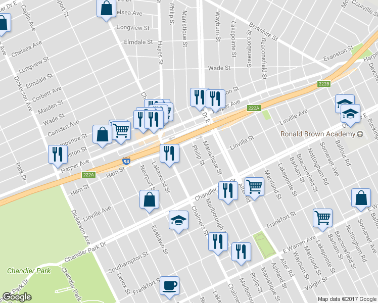 map of restaurants, bars, coffee shops, grocery stores, and more near 5968 Marlborough Street in Detroit