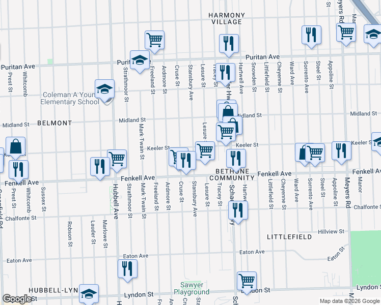 map of restaurants, bars, coffee shops, grocery stores, and more near 15385 Stansbury Avenue in Detroit