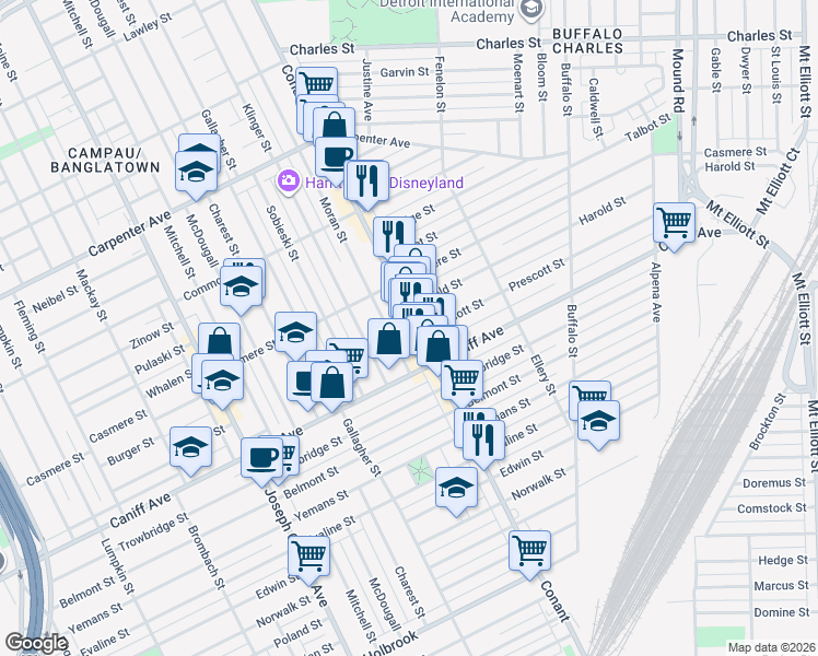 map of restaurants, bars, coffee shops, grocery stores, and more near 11415 Conant Street in Hamtramck