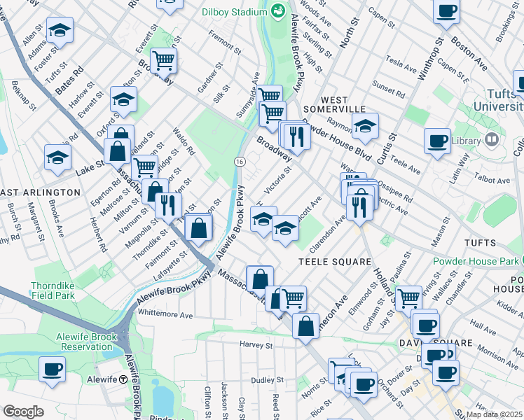 map of restaurants, bars, coffee shops, grocery stores, and more near 84 Hooker Avenue in Somerville