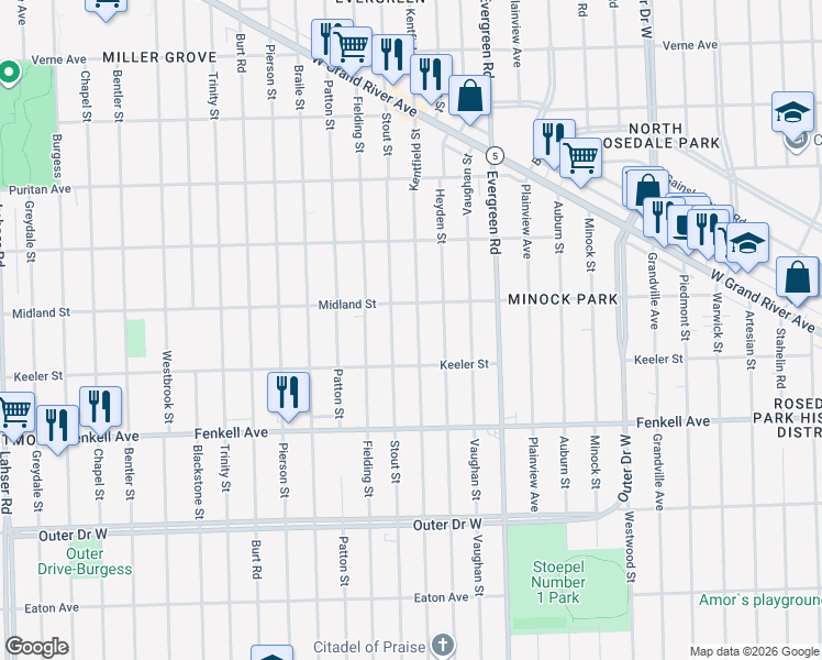 map of restaurants, bars, coffee shops, grocery stores, and more near 15469 Kentfield Street in Detroit