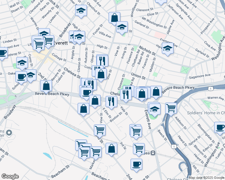 map of restaurants, bars, coffee shops, grocery stores, and more near 9 Irving Street in Everett