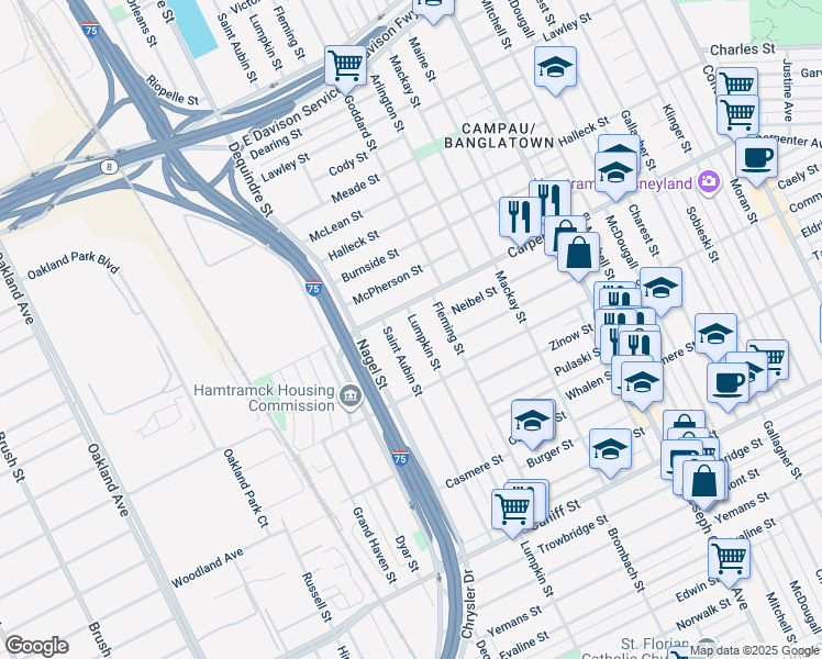 map of restaurants, bars, coffee shops, grocery stores, and more near 12117 Lumpkin Street in Hamtramck