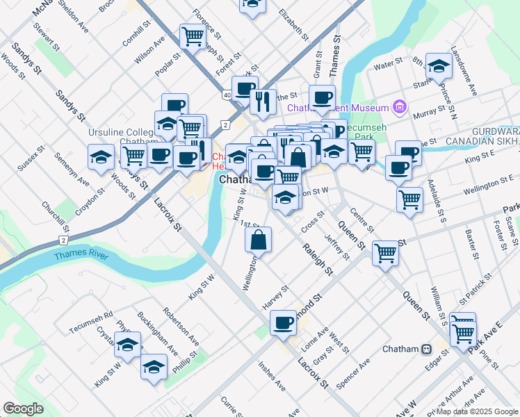 map of restaurants, bars, coffee shops, grocery stores, and more near 245 Wellington Street West in Chatham