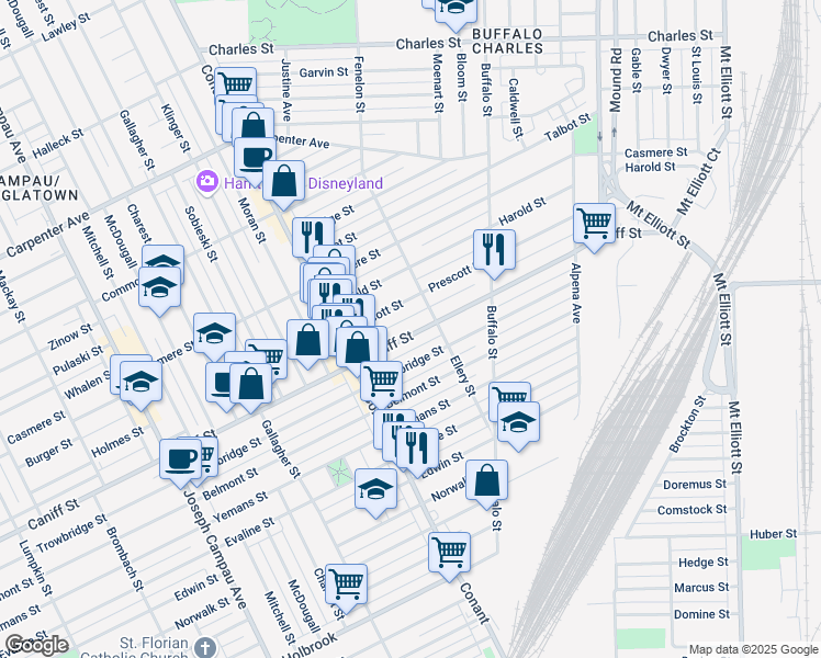map of restaurants, bars, coffee shops, grocery stores, and more near 3935 Caniff Street in Hamtramck