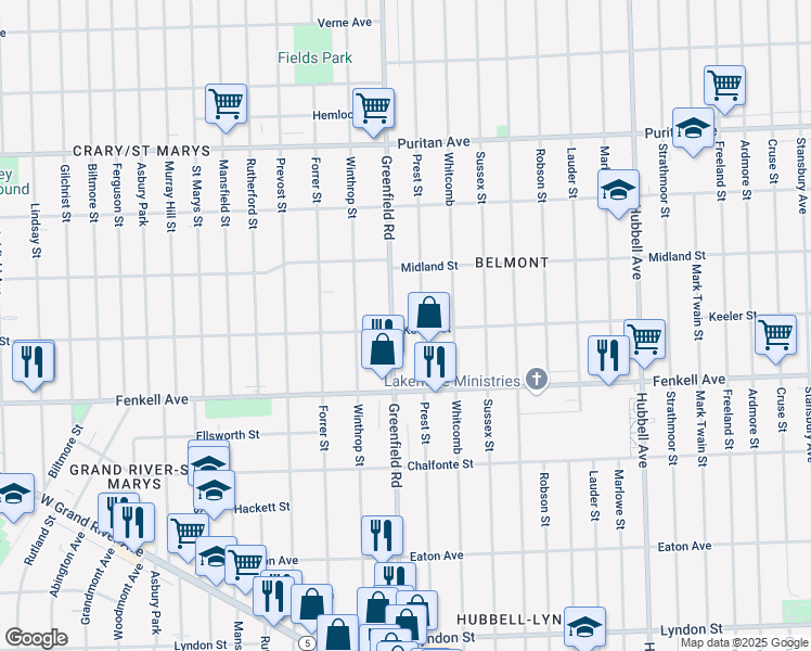 map of restaurants, bars, coffee shops, grocery stores, and more near 15372 Greenfield Road in Detroit