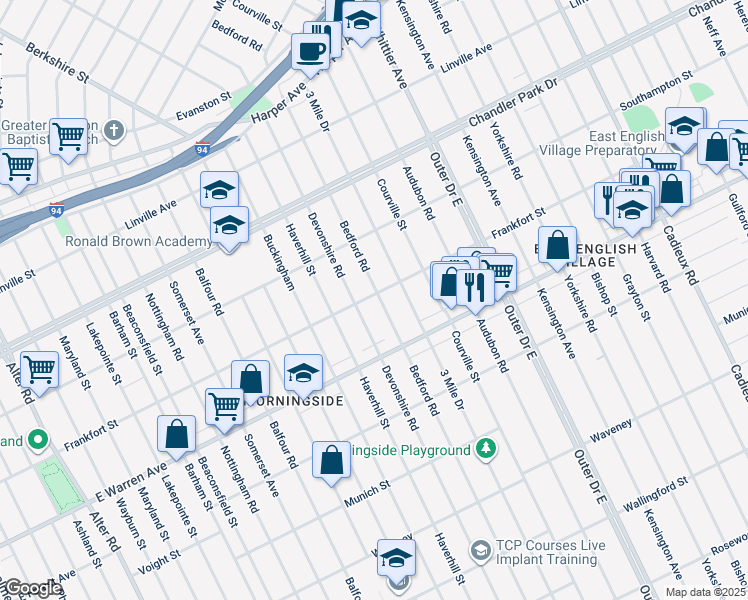 map of restaurants, bars, coffee shops, grocery stores, and more near 5115 Bedford Street in Detroit