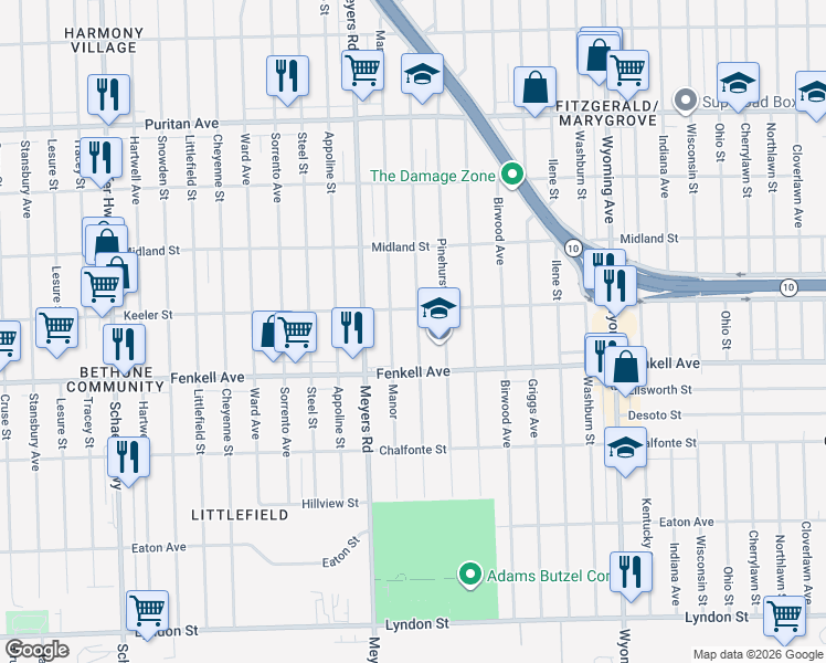 map of restaurants, bars, coffee shops, grocery stores, and more near 15369 Monte Vista Street in Detroit