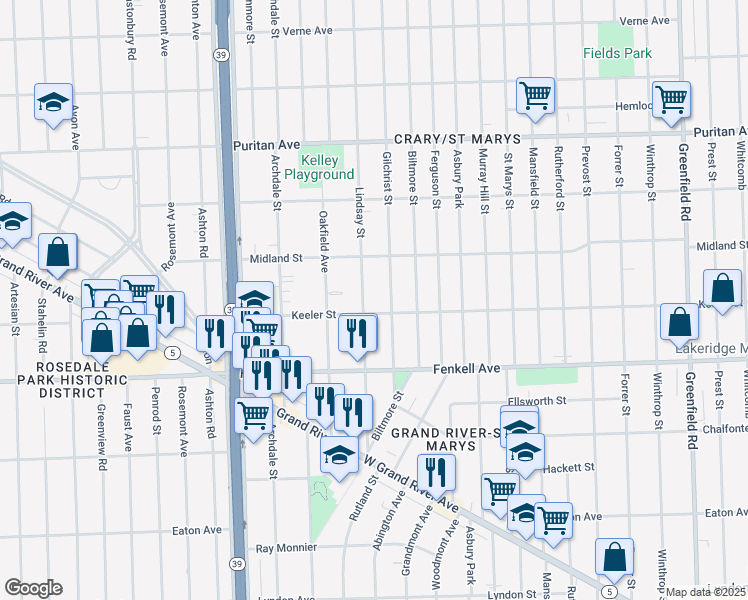 map of restaurants, bars, coffee shops, grocery stores, and more near 15424 Lindsay Street in Detroit